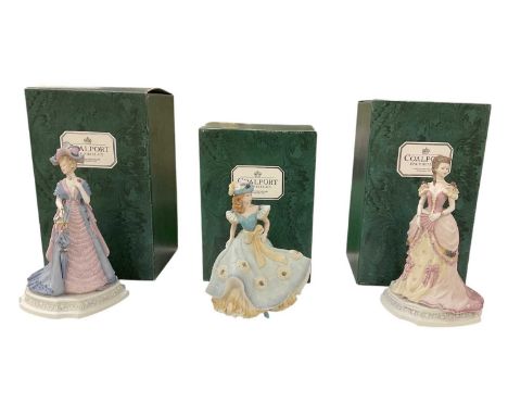 COALPORT; three boxed  ceramic figures comprising 'Age of Elegance', 'The Evening Ball', numbered 1028/2000, and 'Royal Enclo