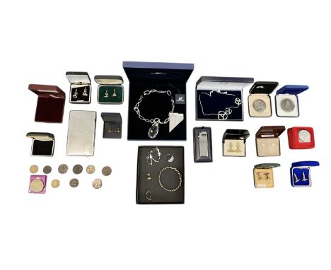 A small quantity of assorted costume jewellery including Swarovski, other designer names, silver plated cigarette case, Coron