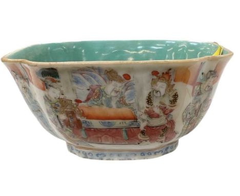 An Chinese 18th century square bowl with turquoise interior, the outer body decorated with polychrome interior scenes of advi