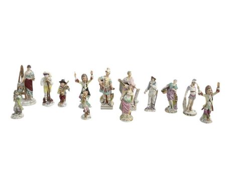 A collection of thirteen 19th century and later porcelain figures, including Derby and Worcester type figures, Continental fi
