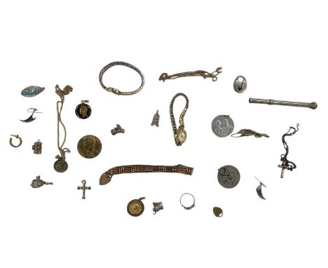 A group of mixed costume jewellery including a 9ct gold sapphire set ring, with cut shank, a 9ct gold small heart shaped padl