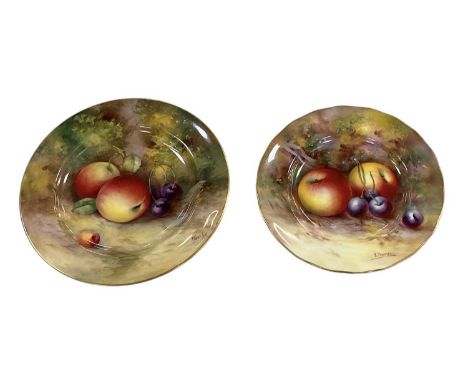 ROYAL WORCESTER; a hand painted porcelain plate, decorated with fruit, signed 'Moseley', diameter 18cm, and a smaller hand pa