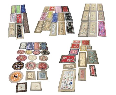 A large collection of approximately seventy modern Chinese silk embroideries, including rectangular wall hanging examples, pl