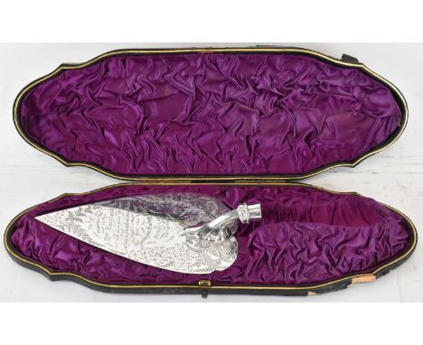 A Victorian hallmarked silver presentation trowel blade, presented to Mrs Sherlock on the occasion of her laying a foundation