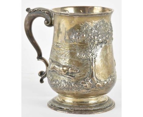 WILLIAM &amp; ROBERT PEASTON; a George III hallmarked silver mug, decorated with hunting scenes, London 1762, height 13cm, ap