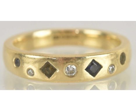 A 9ct yellow gold sapphire and diamond set band (lacking stones), size M/N, approx 4.1g.