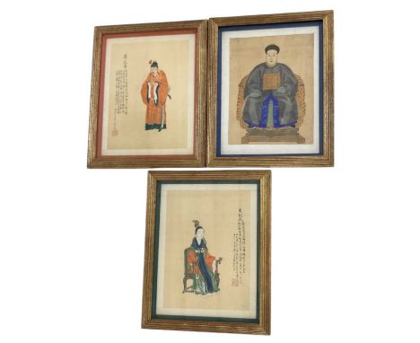A set of three gilt heightened watercolour and gouache paintings on silk, depicting Emperor Qianlong, seated lady and further