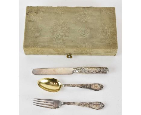 TIFFANY &amp; CO; a vintage sterling silver three piece cutlery christening set comprising knife, length 17.5cm, fork and spo