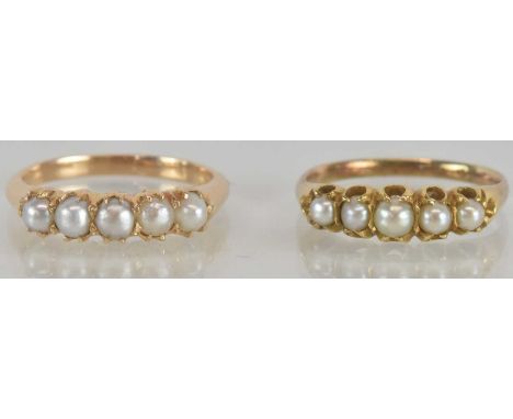 Two dress rings, both unmarked gold coloured metal, each set with a row of small cultured pearls, sizes L and M, combined app