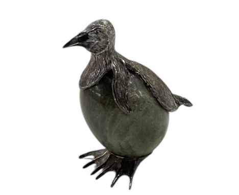 A modern 925 hallmarked sterling silver mounted onyx egg, the silver mount modelled as a mallard drake, height 9.5cm.