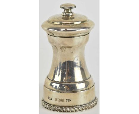 WILLIAM ADAMS; an Elizabeth II hallmarked silver cased pepper mill/grinder, Birmingham 1969, height 10cm, approx. 6.8ozt.Cond