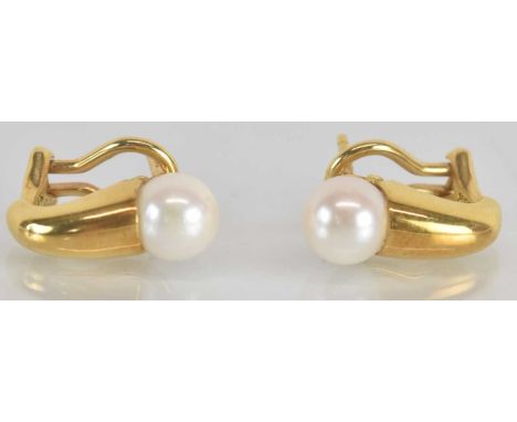 A pair of 18ct yellow gold cultured pearl set earrings, combined approx 6.4g.