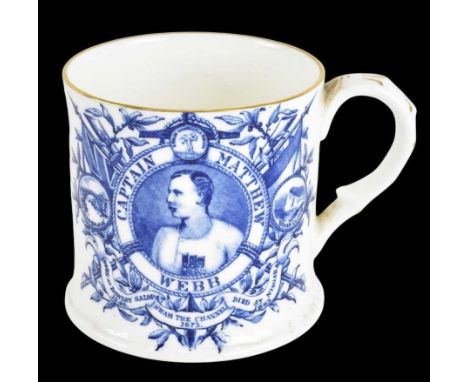 SWIMMING INTEREST; a Coalport blue and white ceramic mug, made for Mrs H. S. Jones, Dawley, August 1909, commemorating Captai