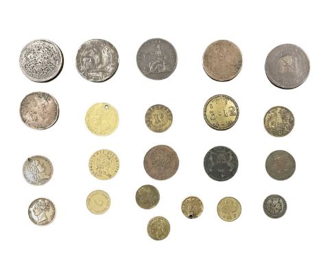 Twenty-two mixed 18th and 19th century tokens, including a George IIII brass Satirical two pound token, brass three pound twe