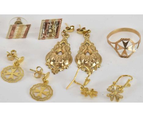 A group of mixed jewellery comprising a 9ct gold ring, with Maltese cross top, size R, three pairs of 9ct gold earrings, comb