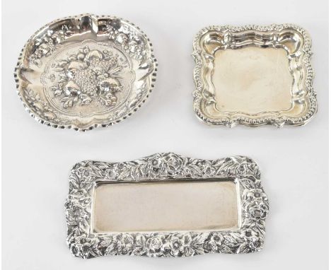 A Swedish 830 grade floral decorated circular pin dish, diameter 10.5cm, a further square white metal pin dish, with indistin