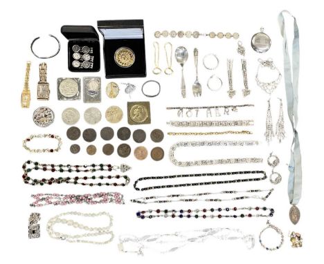 A quantity of mixed costume jewellery, including lady's and gentleman's watches, silver hoop earrings, cufflinks, a silver ba