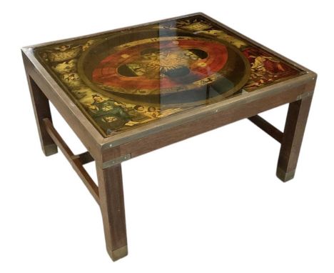 A reproduction brass bound glass topped coffee table, set with an astrological print, top 74 x 65.5cm.