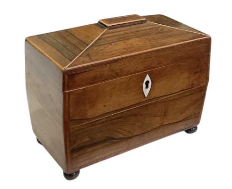 A late 19th century walnut and satinwood crossbanded sarcophagus form tea caddy of small proportions, 18.5 x 10.5cm.