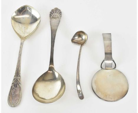 IN THE STYLE OF GEORG JENSEN; a Scandinavian silver pastry server, length 14cm, two Scandinavian white metal serving spoons a