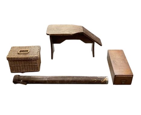 An early 20th century carved oak cobbler's stool, length 58cm, height 35cm, an early 20th century Advance Systems index card 