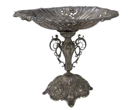 A late 19th/early 20th century silver plated oval pedestal bowl/tazza, height 28cm, top 33 x 26cm.