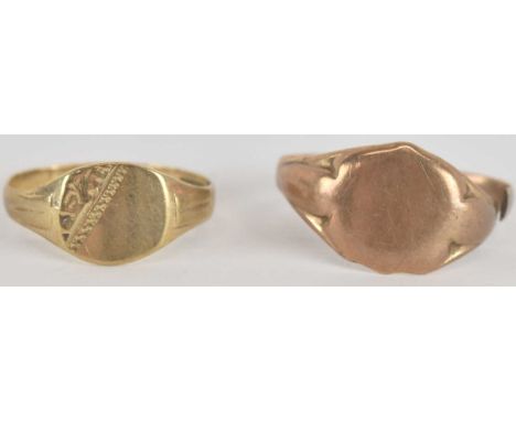 A 9ct yellow gold signet ring, size L/M, and a further 9ct yellow gold signet ring (cut), combined approx 4g (2).