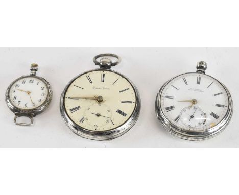 Three silver cased pocket watches comprising an H J Norris open face pocket watch, the white dial set with Roman numerals, ou