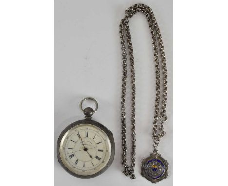 A centre seconds chronograph open face pocket watch in hallmarked silver case, with key wind movement, diameter 5.8cm, and a 