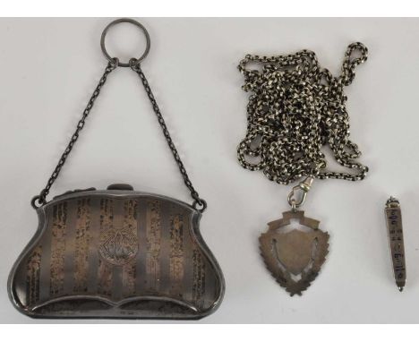 An Edward VII hallmarked silver purse, on ring chain, Birmingham 1909, 8.5 x 5.5cm, a hallmarked silver watch fob, on hallmar