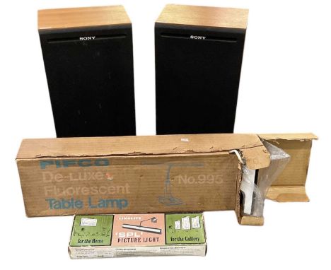 SONY; a pair of teak veneer cased SS-51B speakers, height 44cm, a Linolite 'SPL' picture light, in original box, and a Pifco 