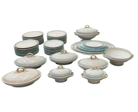 ROYAL WORCESTER; an extensive turquoise and gilt heightened dinner service including graduated plates, oval tureen on stand, 