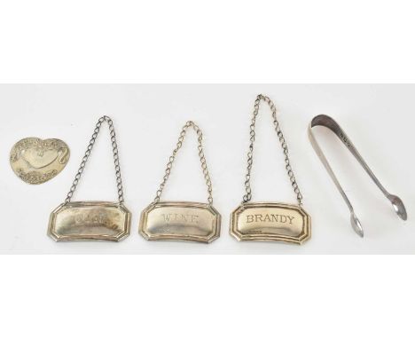 Two mid 20th century hallmarked silver decanter labels, 'Wine' and 'Gin', both Birmingham 1959, and a further later hallmarke