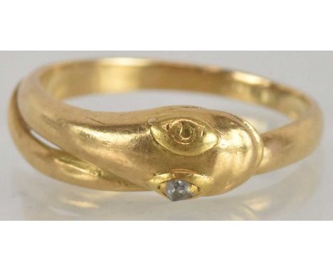 A gold snake head ring with diamond set eyes, size P, approx 4.1g, (af).Condition Report: One the diamond eyes is missing, un