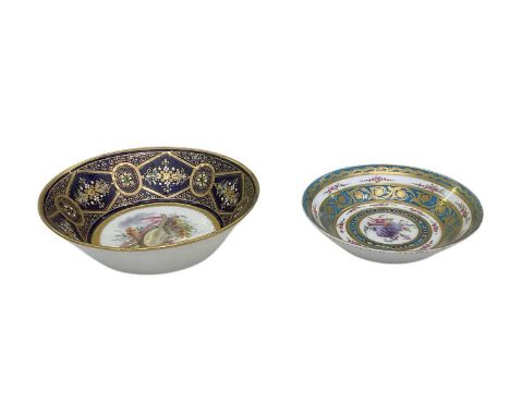 SÈVRES; a late 18th/early 19th century French porcelain cobalt blue jewelled shallow bowl, the central panel hand painted wit