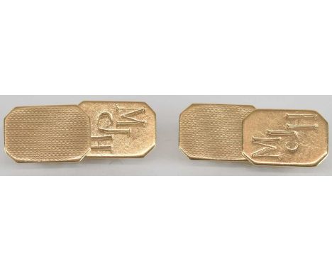 A pair of 9ct yellow gold rectangular cufflinks, with engine turned decoration, inscribed with initials 'MJH', combined appro