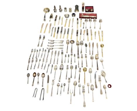 A small quantity of silver plated items including flatware, salt and pepper shakers, tea strainer, ladle, etc.