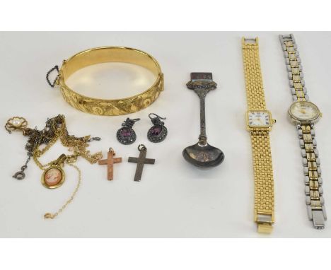 A small quantity of assorted costume jewellery and watches, including a 9ct gold metal core snap bangle, a silver plated enam