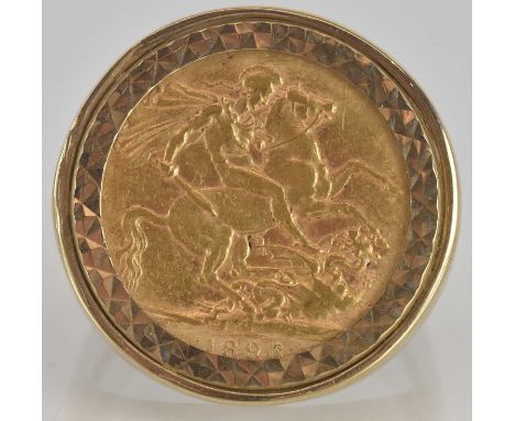 A Victoria full sovereign, 1896, in 9ct yellow gold ring mount, size V, approx 13.7g.