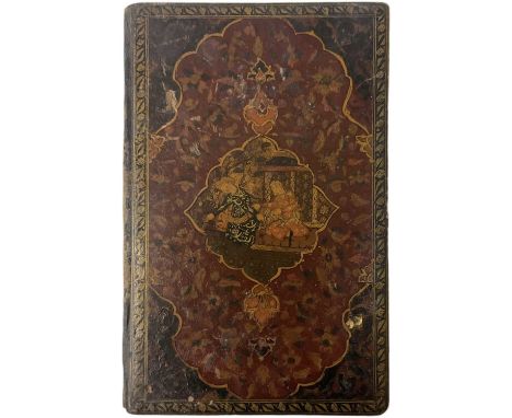 A Persian Qajar painted leather vanity booklet, decorated with panels depicting interior scenes surrounded by scrolling folia