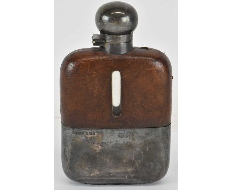 JAMES DIXON &amp; SONS LTD; a George VI hallmarked silver mounted brown leather and glass travelling flask, 14 x 9cm.