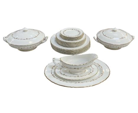 ROYAL WORCESTER; a small quantity of dinnerware, decorated in the 'Gold Chantilly' pattern, comprising two circular lidded tu
