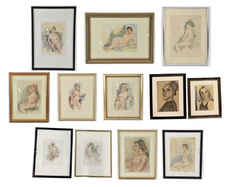 † ATTRIBUTED TO LEON UNDERWOOD; a crayon and wash drawing, reclining nude, 21 x 25cm, framed and glazed, a crayon and wash dr