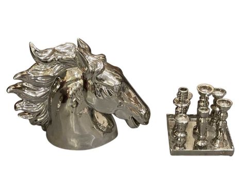 KARE DESIGN; a large silvered ceramic figure of a horse's head, stamped with maker's label, height 45cm, and a matching squar