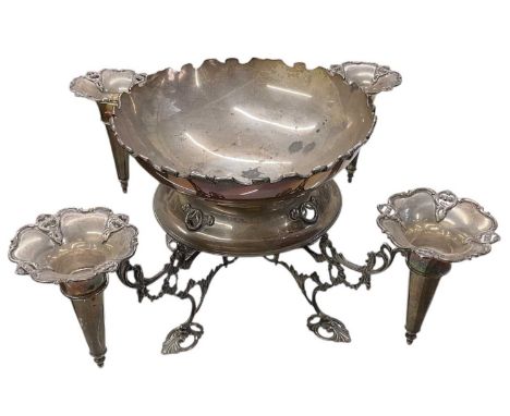 ELKINGTON &amp; CO; an Edwardian hallmarked silver four branch epergne, with four detachable hallmarked silver flutes, with l