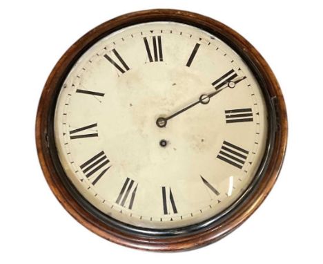 A late 19th/early 20th century mahogany cased circular wall clock, the white painted dial set with Roman numerals and subsidi