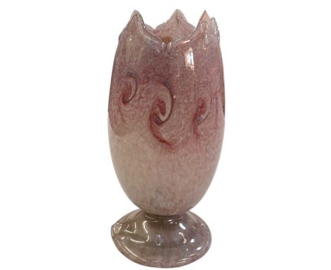 VASART, STRATHEARN; an art glass lamp in the form of a vase with pointed and crimped rim, decorated with mottled white, reds 