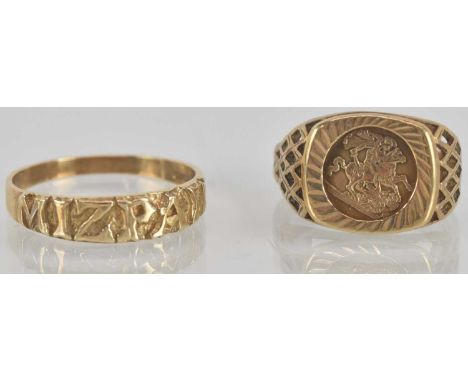 Two 9ct gold rings, one with imitation small coin, with open shoulders, size K, the other a Mizpah ring, size Q, combined app
