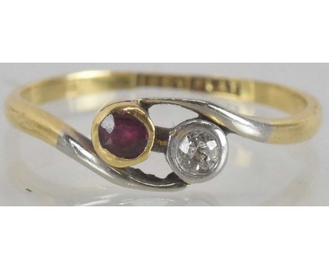 An 18ct gold ring, with bezel set small diamond and amethyst in crossover setting, size L, approx 1.7g.