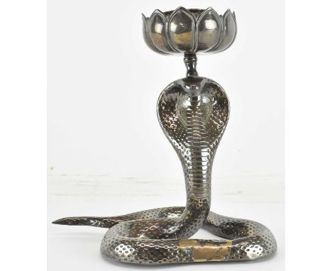A silver plated novelty candlestick, modelled as a cobra, height 17cm.